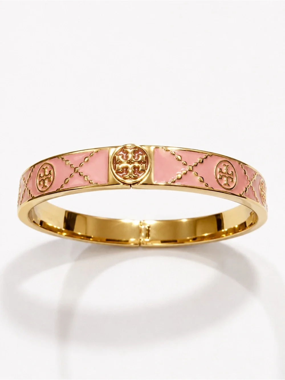 Tory Burch Pink Enamel Gold-Tone Logo Bangle Bracelet NWT